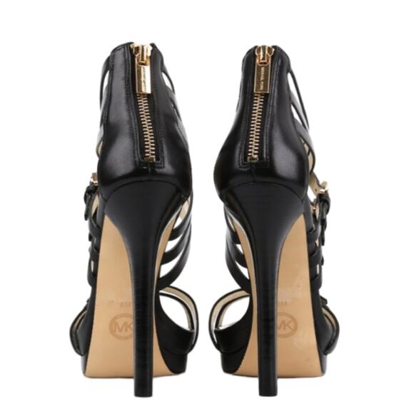 Michael Kors Black Leather Gold Buckle Ava Platform Strappy Heels Size‎ 9.5 - Picture 15 of 15